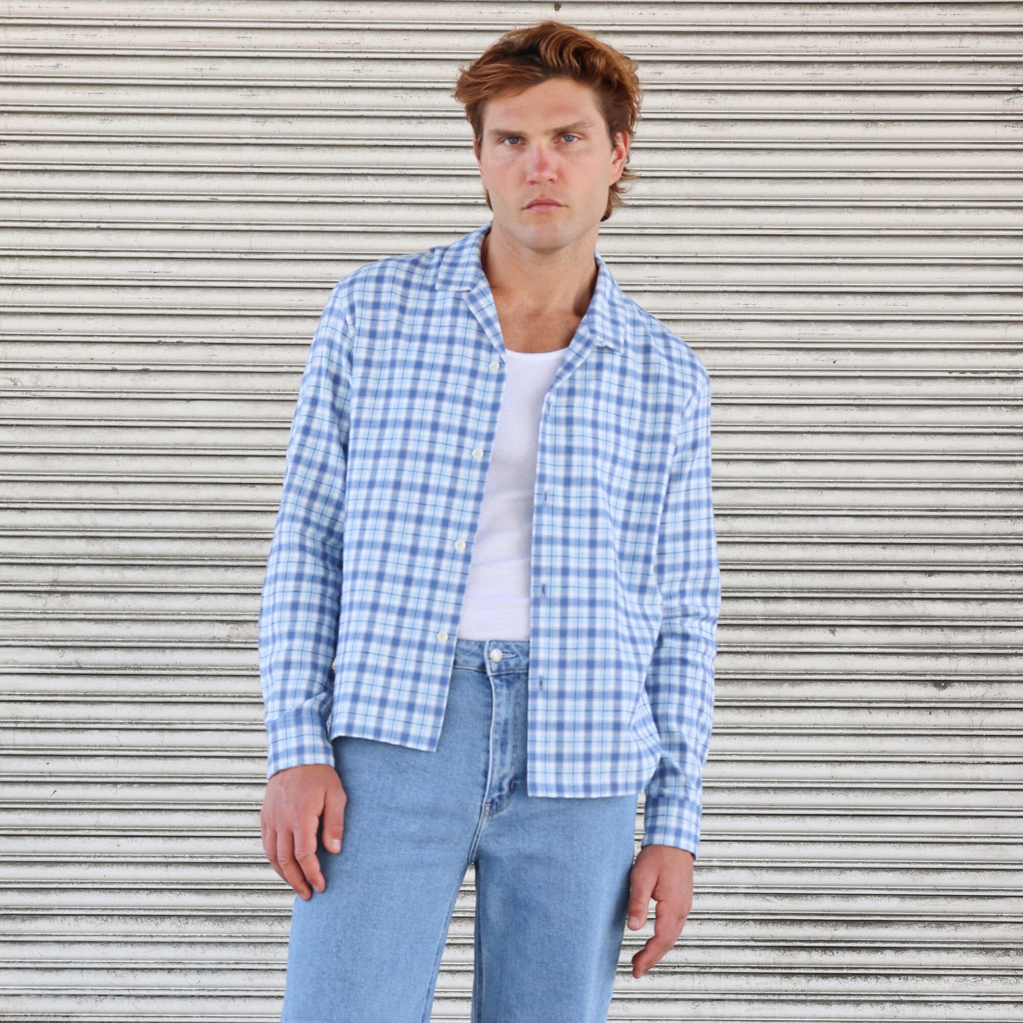 The Rosewood Half-Crop Flannel | Made in USA Summer Sky 